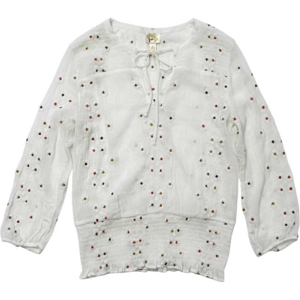 Fig and Flower White Embroidered Floral Smocked Peasant Blouse Top Medium